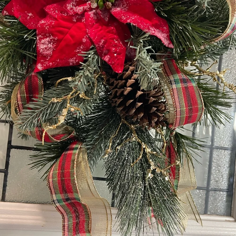 **Red Poinsettia Christmas Teardrop Swag Wreath Front door